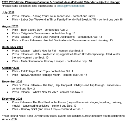 PR Editorial Calendar (July-Dec. 2026)