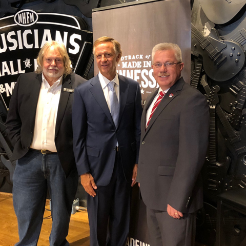 Left to right: Joe Chambers, director of the Musician’s Hall of Fame and Museum; Gov. Bill Haslam; Commissioner Kevin Triplett, Tennessee Department of Tourist Development following the record-setting announcement of economic impact at Musician’s Hall of Fame and Museum in Nashville.